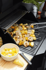 Elektrische barbecue met kip en gegrilde aardappelen op het grillrooster