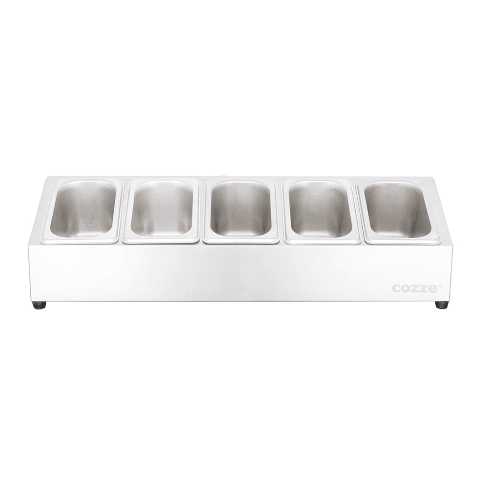 Toppingstation met 5 lege roestvrijstalen bakjes, wit frame met zilveren rand