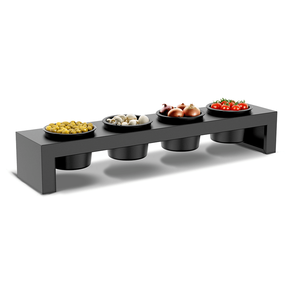 Toppingsstation met vier zwarte potjes op zwart stalen rek