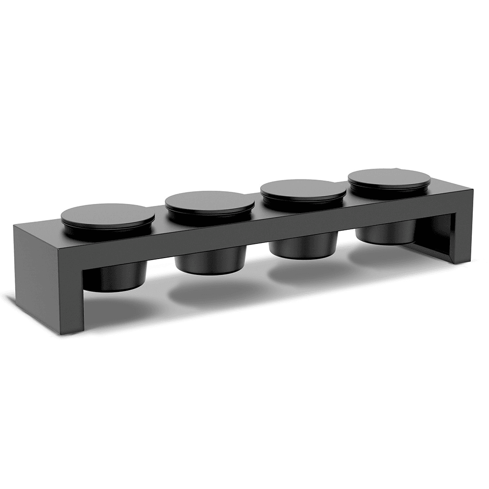 Toppingsstation met vier ronde zwarte potjes op laag zwart stalen frame