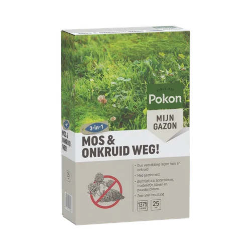 Pokon mos- en onkruidweg doos, frontaanzicht met afbeelding van gras en logo