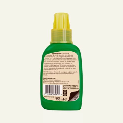 Pokon BIO bonsai voeding 250 ml, groene fles met achterkant met tekst