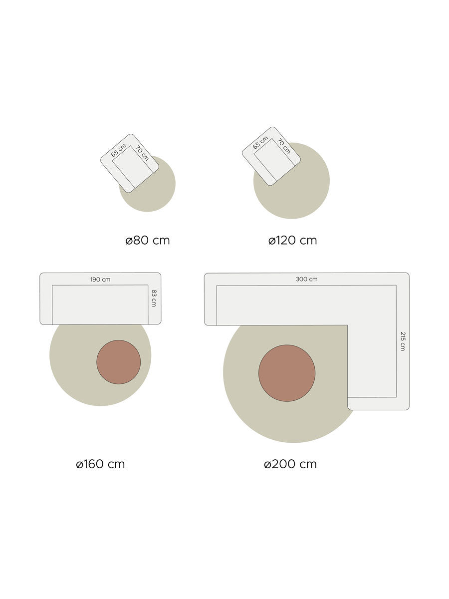 Rond karpet met afmetingen, Ø160 cm (diagram met Ø80, Ø120, Ø200)