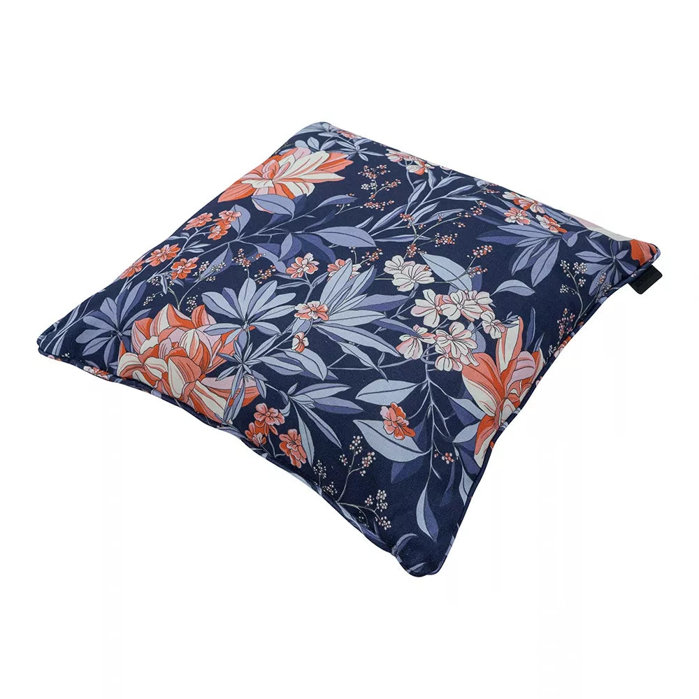 Sierkussen met bloemenprint en bies, indigo-blauw met oranje en witte bloemen