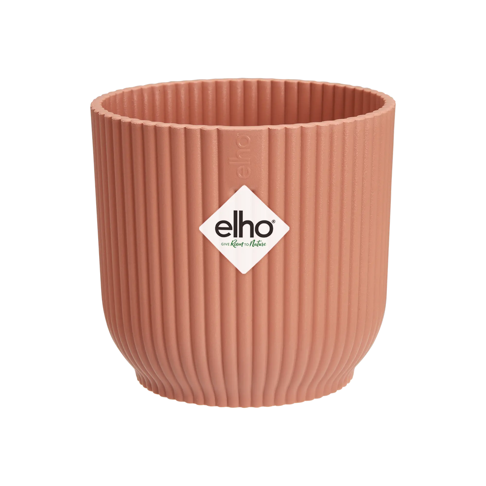 Ronde mini bloempot, delicate roze, geribbelde wanden en elho-logo aan voorzijde.