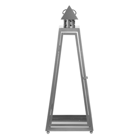Pyramide lantaarn met metalen frame en glazen zijpanelen, open onderkant